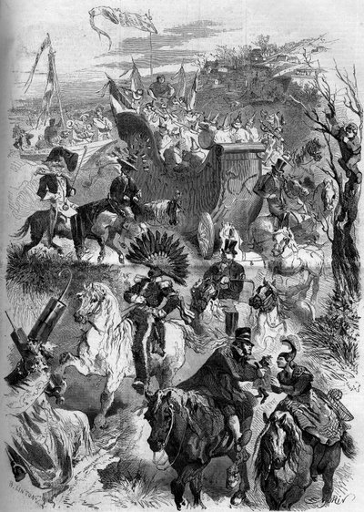 Carnaval van Mardi Gras, Frankrijk, 8 maart 1859: afdaling naar Parijs van de mascarade van Sèvres. Gravure in 
