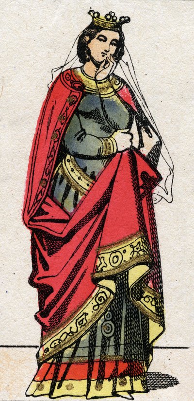 Karolingische dynastie: Portret van Adelheid van Friuli (of Aelis, circa 850-901) Koningin van de Franken, vrouw van Lodewijk II de Stamelaar (846-879). Epinal afbeelding eind 19e eeuw. Privécollectie. door French School