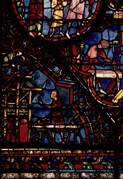 Timmerlieden aan het werk, detail uit het leven van Sint Julianus de Hospitaller raam in de noordelijke omgang door French School