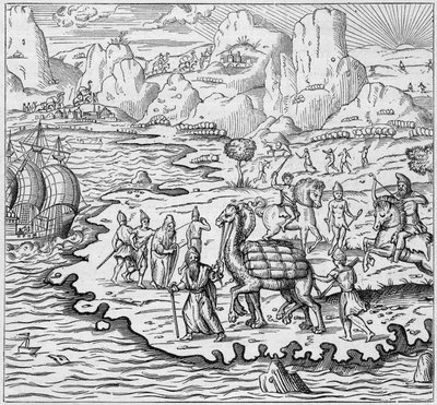 Vervoer van goederen per kameel voor het laden van schepen die de Griekse handelspost in Alexandrië verlaten naar Europa. Gravure in 