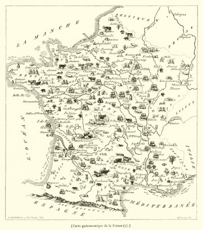 Gastronomische kaart van Frankrijk (gravure) door French School