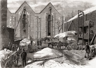 Het ijs vervoeren bij de ijsopslag van Mr Charles, Lindsey House, Londen, uit 