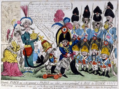 Spotprent over Napoleon I en zijn zoon, de koning van Rome: de laatste op zijn hobbelpaard inspecteert de troepen van het Franse leger met zijn vader. Franse prent uit de 19e eeuw door French School