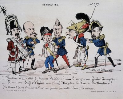 Cartoon over de Commune News - Hoeveel troepen heb je verzameld, Paladine? - Ik breng een landwacht. En ik ben een Zwitserse kerk. - (Vinoy) Ik houd de brandweerman van Nanterre vast - (In het hart) Het is goed, het is goed, we zullen Parijs eindelijk tot  door French School