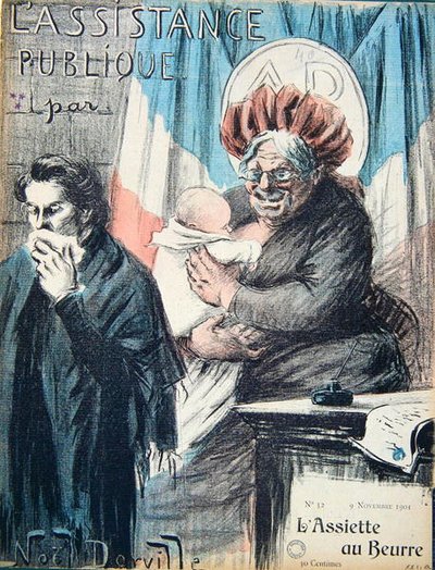Spotprent die de Assistance Publique bekritiseert, karikatuur uit 