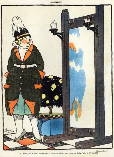 Cartoon van een Duitse dame teleurgesteld dat ze haar nieuwe kleren niet in Parijs kan kopen in de rue de la Paix, uit de 1 april editie van La Baionette magazine, 29 maart 1917 door French School