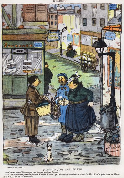Cartoon van het resultaat van een poging van een vrouw om haar man voor de gek te houden, uit de 1 april editie van La Baionette magazine, 29 maart 1917 door French School