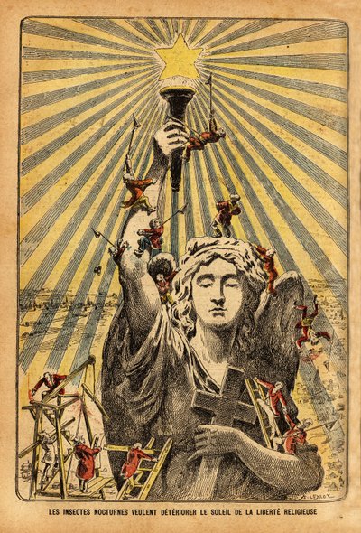Cartoon voor de kerk, "nachtelijke insecten willen de zon van de godsdienstvrijheid verergeren"", in het politieke debat dat Frankrijk aan het begin van de 20e eeuw in beroering bracht, over de laïcisering van instellingen in het kader van de scheiding van door French School