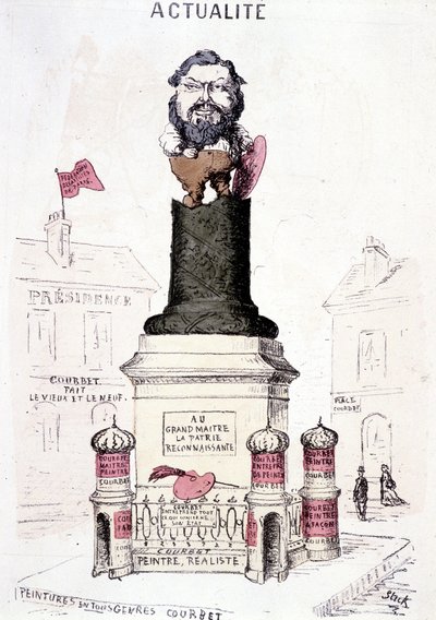 Cartoon van Courbet in standbeeld op de afgeknotte basis van de Vendôme-zuil door French School