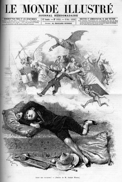 Cartoon van een jonge scholier die het einde van de vakantie betreurt, naderende klasverhuur in 1888 door French School
