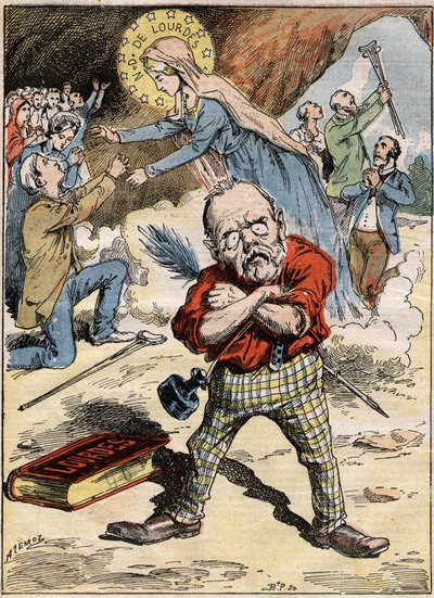 Cartoon van de schrijver Emile Zola (1840-1902) die perplex staat over de toewijding van de gelovigen in Lourdes, ondanks zijn kritiek op het onderwerp in zijn roman 
