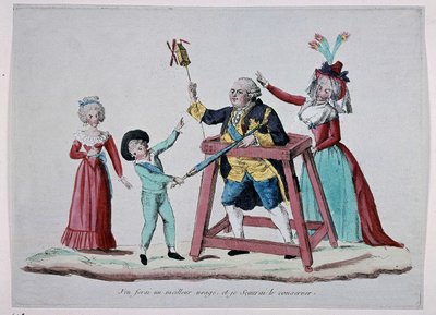 Cartoon over de koninklijke familie (Lodewijk XVI en Marie Antoinette met hun kinderen) tijdens de Franse Revolutie, circa 1790 - Musée Carnavalet door French School