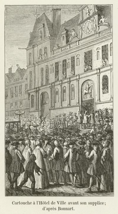 Cartouche in het stadhuis voor zijn executie; naar Bonnart door French School