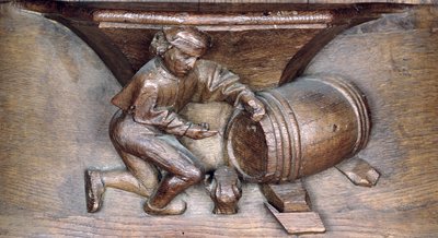 Houtsnijwerk van een man die een kraan op een vat zet, uit een koorbank van de Abdij van St. Lucien in Beauvais (hout) door French School