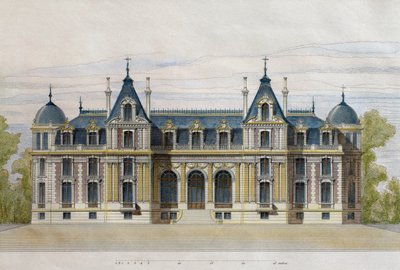 Kasteel van Neuflize, eigendom van de gebroeders Pate, tuinzijde, illustratie uit Le Moniteur des architectes, 1884, gegraveerd door F. Penel door French School