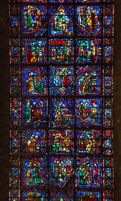 Kathedraal van Chartres, glas-in-lood: leven van Sint-Fulbert, bisschop van Chartres in de 11e eeuw, detail door French School