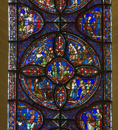 Kathedraal van Chartres, glas-in-lood: leven van Sint-Antonius en Sint-Paulus, kluizenaars, detail in het centrum door French School