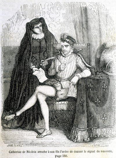 Catherine de Medici dwingt haar zoon (Karel IX) om het bevel te geven voor het signaal van de Bloedbruiloft in 1572 - in 
