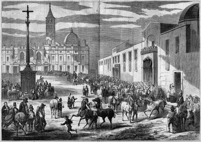 Katholiek feest - Sint Antonius: zegenen van paarden op het plein van de Kerk van Santa Maria Maggiore, Rome, Italië, januari 1859. Voor de kerk een granieten zuil bekroond met een kruis (1595) ter herdenking van de bekering van Hendrik door French School