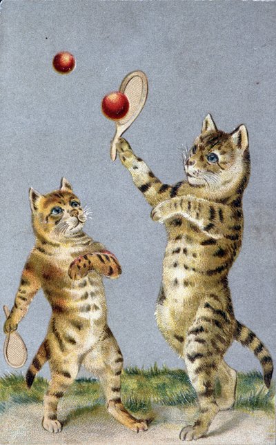 Katten die tennis spelen - ansichtkaart begin 20e eeuw door French School