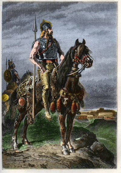 Gallische ruiter - Galliërs te paard in het oude Romeinse Rijk - gravure uit 