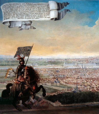 Vogelvlucht van Parijs vanaf de Faubourg Saint Jacques Herdenking van de verdediging van Parijs door kanselier Pepin des Essarts na het verraad van Etienne Marcel, in 1358. (detail) door French School