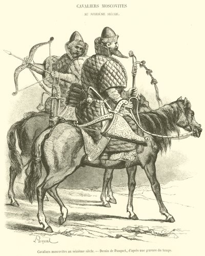 Moskovitische ruiters in de zestiende eeuw (gravure) door French School