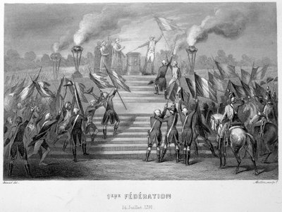 Viering van de 1e Nationale Federatie op 14 juli 1790 op het Altaar van het Vaderland in Champs-de-Mars, ter gelegenheid van de 1e verjaardag van de bestorming van de Bastille - in 