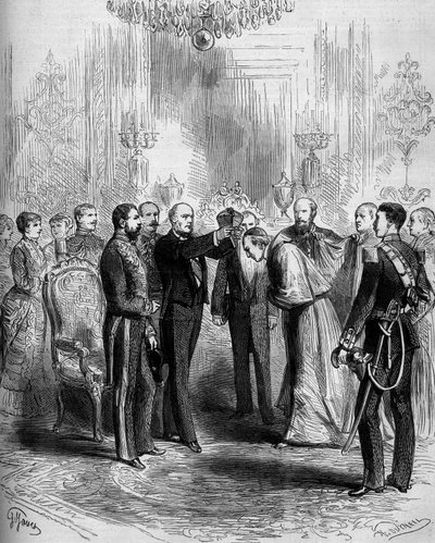 Ceremonie voor de presentatie van de kardinaalsinsignes: Pier Francesco Meglia (1810-1883) ontving de rode mantel van de kardinaal terwijl Jules Grevy (1807-1891) de kardinaalshoed op zijn hoofd plaatste. Parijs, Palais de l