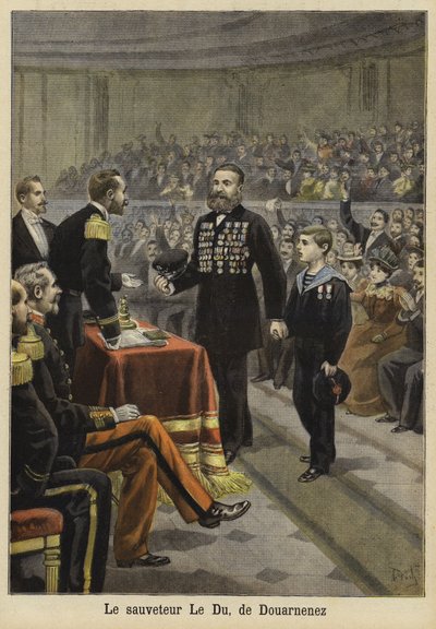 Ceremonie ter ere van de heer Le Du, een redder uit Douarnenez, Bretagne, 1897 door French School