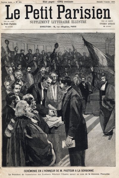 Ceremonie ter ere van de wetenschapper Louis Pasteur (1822-1895) aan de Sorbonne om zijn verjaardag te vieren. Een van de kranten 