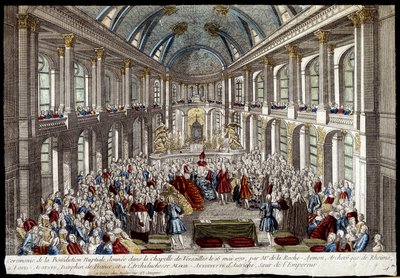 Ceremonie van de huwelijkszegen gegeven in de kapel van Versailles op 16 mei 1770 door Louis Auguste, dauphin van Frankrijk (Lodewijk XVI), en Marie Antoinette van Oostenrijk - gravure door French School