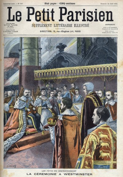 Ceremonie van de kroning in Westminster: koning Edward VII (1841-1910) en Alexandra van Denemarken (1844-1925), in "Le Petit Parisien" door French School