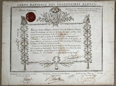 Toelatingscertificaat tot de Nationale Garde van Vrijwilligers van Nantes, 1789 door French School