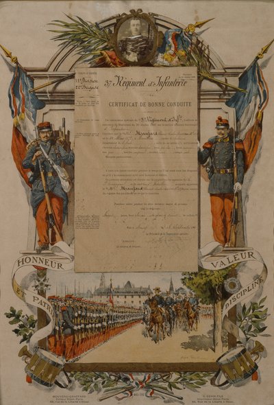 Certificaat van goed gedrag, 37e Infanterieregiment, 1896 door French School