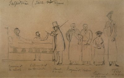 Charcot ontworpen door een van zijn studenten. Van links naar rechts: patiënt Genevieve in een dwangbuis, dokter Desire Magloire Bourneville met een thermometer, Jean Martin Charcot, Raymond en Brissaud, Me Tirperme en Charles Fere. Heilige Koningin Kamer, door French School
