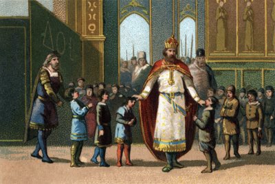 Karel de Grote, koning van Frankrijk van 768 tot 814, stichter van de school, houdt toezicht op de lessen. door French School