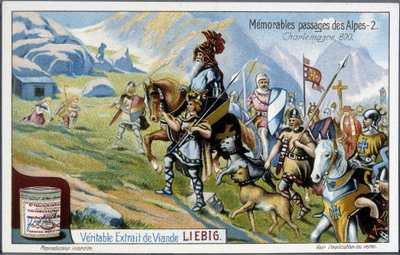 Karel de Grote en zijn leger staken de Alpen over in 800 - Liebig chromolithografie, begin 20e eeuw door French School