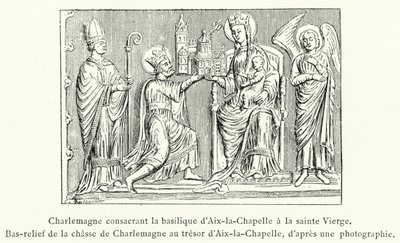 Karel de Grote wijdt de basiliek van Aken aan de Heilige Maagd, Bas-reliëf van de jacht van Karel de Grote in de schatkamer van Aken (gravure) door French School