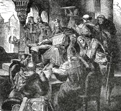 Karel de Grote met leerlingen en leraren van zijn Paleisschool in Aken, c.1890 door French School