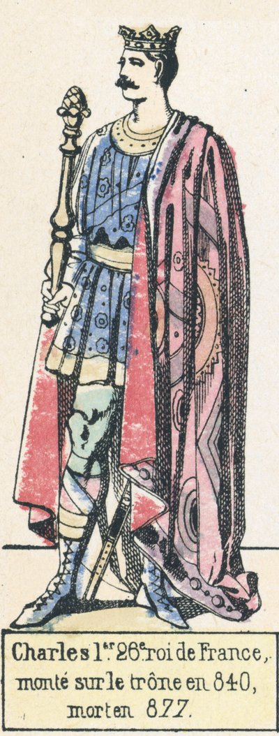 Karel I, 26e koning van Frankrijk, besteeg de troon in 840, stierf in 877 door French School