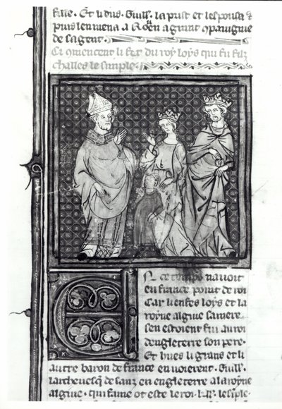 Karel III (879-929) de Eenvoudige met zijn vrouw en zijn zoon, Lodewijk IV (921-954), Grandes Chroniques de France, 1375-79 door French School