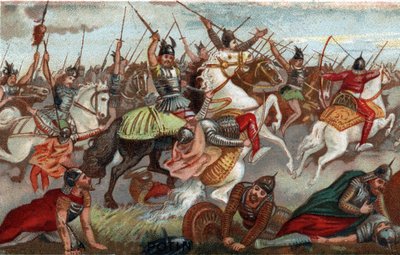 Karel Martel stopt de moslims bij de Slag bij Poitiers in 732. Chromolithografie uit de 19e eeuw. door French School