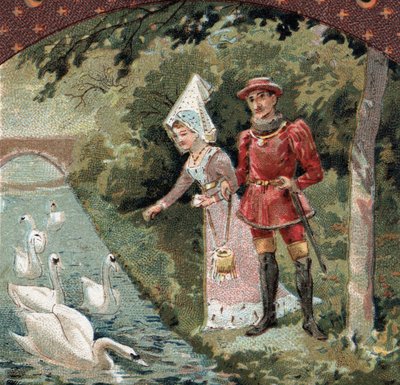 Karel VII (1403-1461) met zijn favoriete, Agnes Sorel (bekend als de Dame van Beaute sur Marne (Beaute-sur-Marne) (1422-1450) die zwanen voedt in het park van het kasteel van Savigny sur Orge (Savigny-sur-Orge). Chromolithografie van het einde van de 19e e door French School