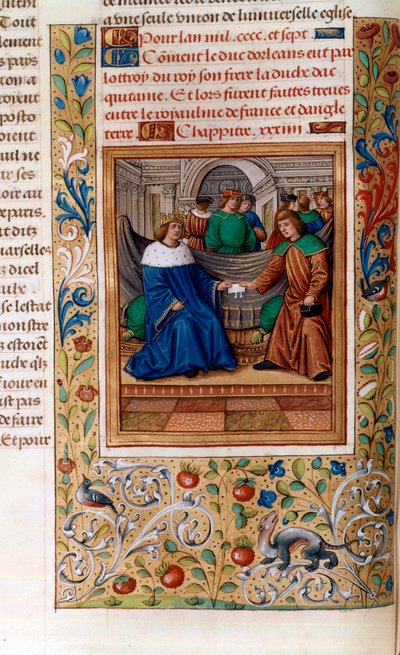 Karel VI en Hendrik V ondertekenen het "Verdrag van Troyes" in 1420, illustratie uit de "Chroniques de Monstrelet" door French School