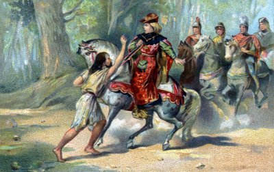Karel VI in waanzin in het bos van Le Mans. Chromolithografie van het einde van de 19e eeuw door French School
