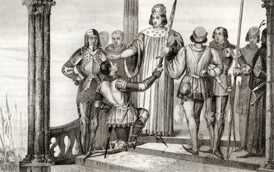 Karel V (1358-80) de Wijze overhandigt zijn zwaard aan Duguesdin, uit 