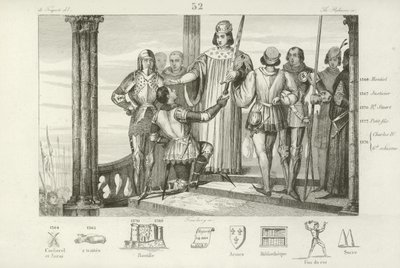 Karel V van Frankrijk biedt Bertrand Duguesclin het zwaard van Constable van Frankrijk aan door French School
