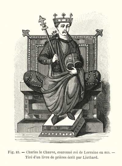 Karel de Kale, gekroond tot koning van Lotharingen in 860, uit een gebedenboek geschreven door Liuthard door French School