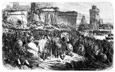Karel de Dikke bij het beleg van Parijs door de Noormannen in 886 door French School
